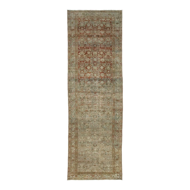 Antique Malayer Runner Rug With Distressed Terracotta and Sage Palette For Sale