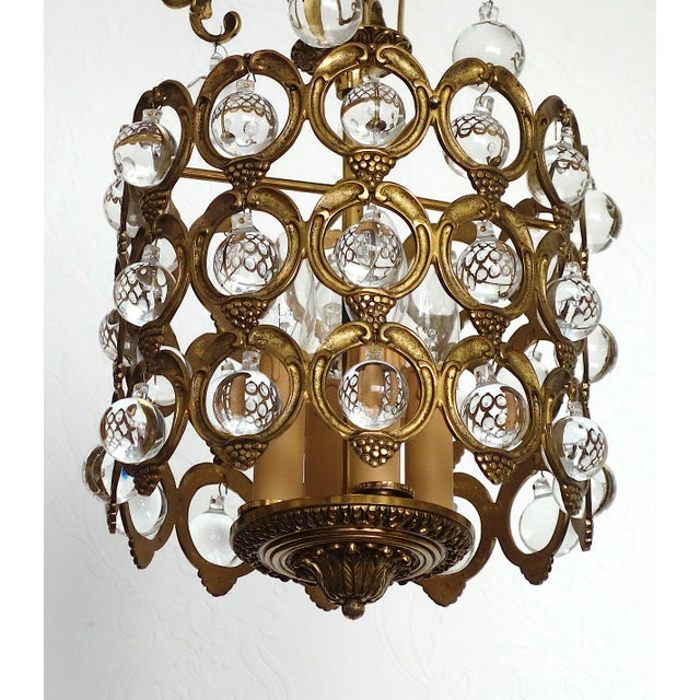 1930s Antique French Brass and Crystal Ball 4-Light Chandelier, 1930s For Sale - Image 5 of 18