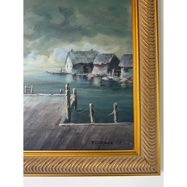 1970’s Vintage P. D. Kane Seascape Harbor Oil on Canvas Painting – Framed For Sale - Image 9 of 14
