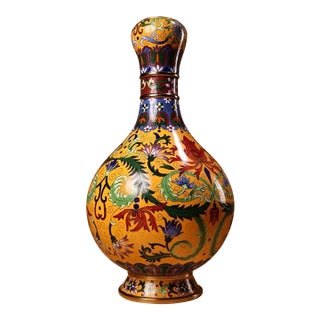 Vintage Chinese Gilt Copper Cloisonné "Garlic-Mouth" Floral Vase - 1360g For Sale
