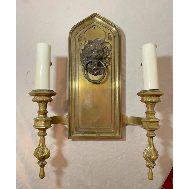 Large Heavy Antique Ornate Gothic Bronze Lion Head Electric Wall Sconce Fixture For Sale - Image 4 of 12