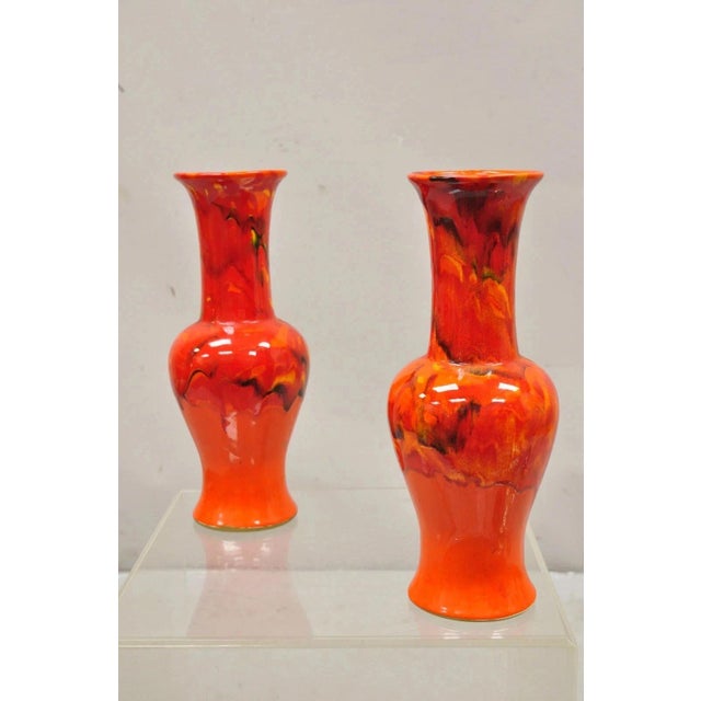Mid-Century Modern Vintage Red Lava Drip Glazed Mid Century Modern Ceramic Pottery Vessel Vase Pair For Sale - Image 3 of 11