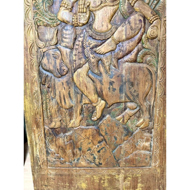 Brown Vintage Hand-Carved Indian Deity Panel | Shiva & Goddess Wood Wall Art / Door Panel 84x41 For Sale - Image 8 of 11