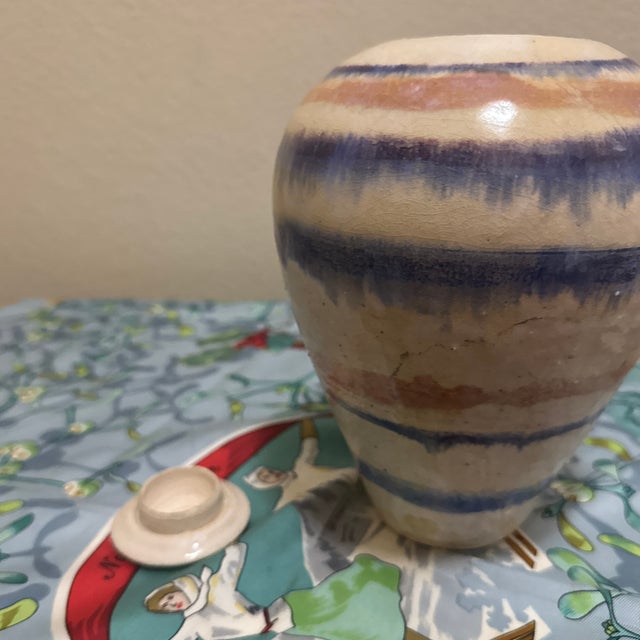 Contemporary Vintage Studio Art Pottery Striped Ceramic Vase - Blue, Tan, & Peach Glaze Hand-Thrown Boho Decor For Sale - Image 3 of 5