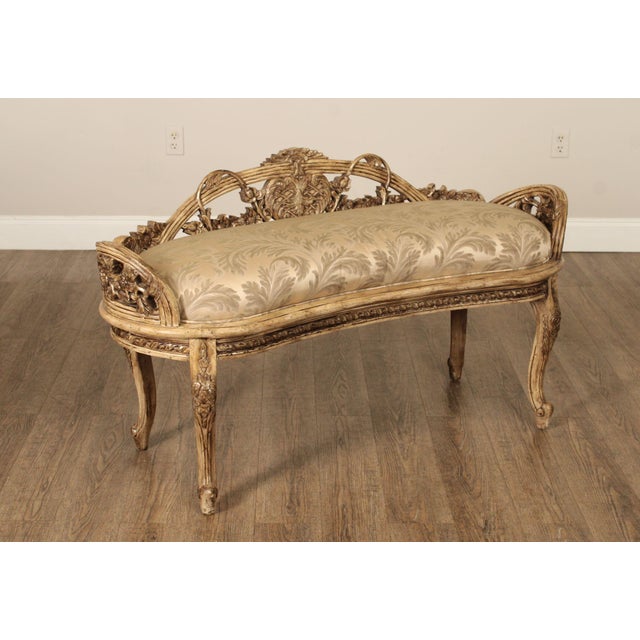 High Quality Distress Painted Window or End-of-Bed Bench with Ornately Carved Floral Swags
