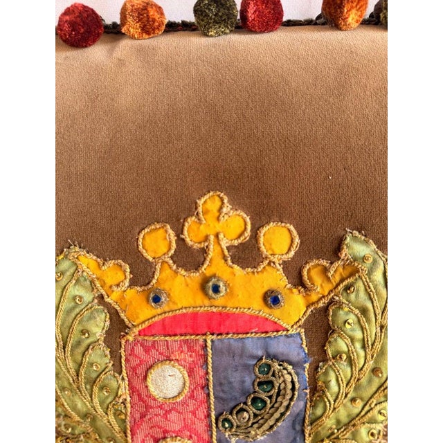 Melissa Levinson Pair of Velvet Pillows With 19th Century Metallic & Silk Embroidered Crests For Sale - Image 4 of 11