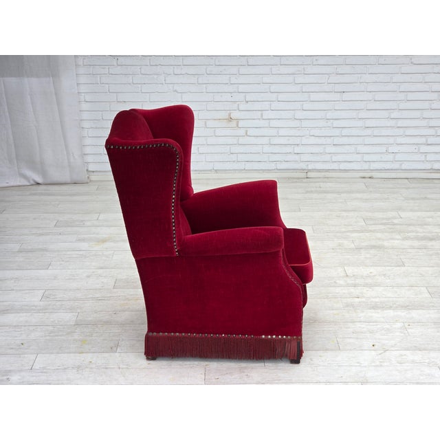 Danish Highback Armchair in Red Velour and Ash, 1970s For Sale - Image 10 of 18