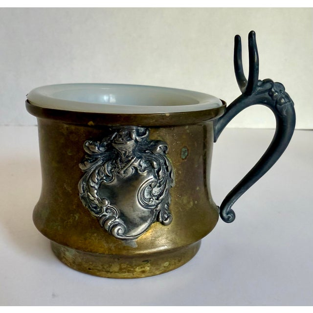 Antique Brass Shaving Mug With Milk Glass Liner & Silver-Toned Shield Cartouche For Sale - Image 11 of 11