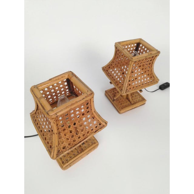 Mid-Century Bedside Table Lamps in Rattan and Wicker Cane Webbing, Italy, 1960s, Set of 2 For Sale - Image 15 of 18