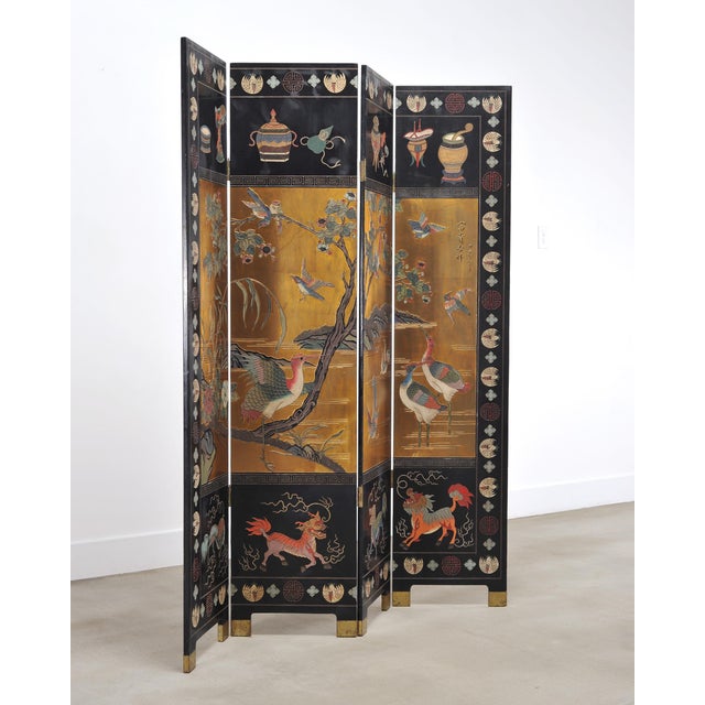 Chinese Export Lacquered Gilt Coromandel Screen Cranes and Ducks For Sale - Image 11 of 18
