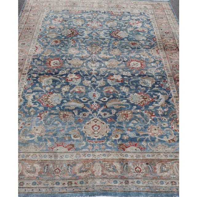 Antique Persian Mashad With Medium in Floral Blue Background, Salmon Border 6'4 X 9'5 For Sale - Image 4 of 16