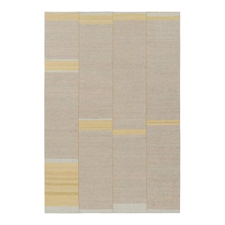 Rug & Kilim’s Contemporary Kilim, Taupe With Textural Gold Stripes, Blue Accents For Sale