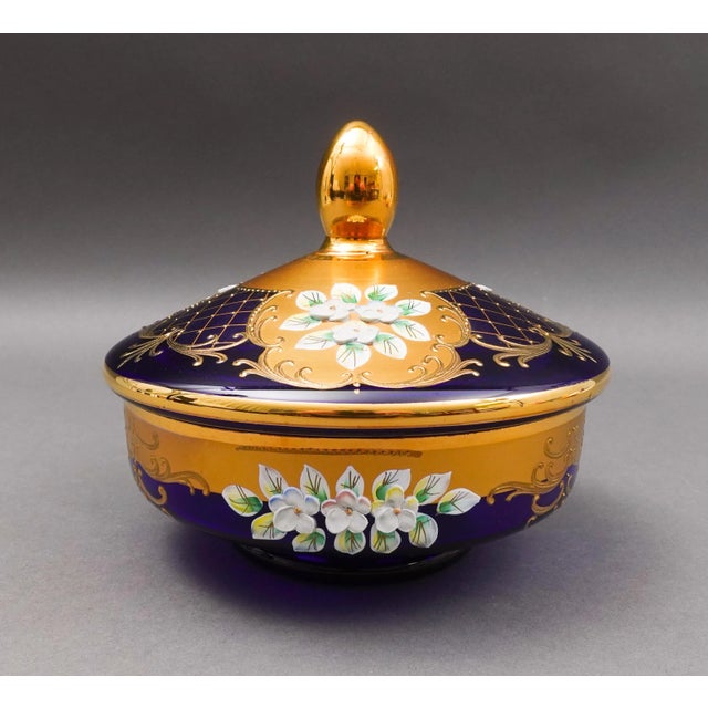 Mid 20th Century Egermann Czech Bohemian Cobalt Blue 24k Gold Enamel Lidded Bowl Dish Trinket Box For Sale - Image 4 of 9
