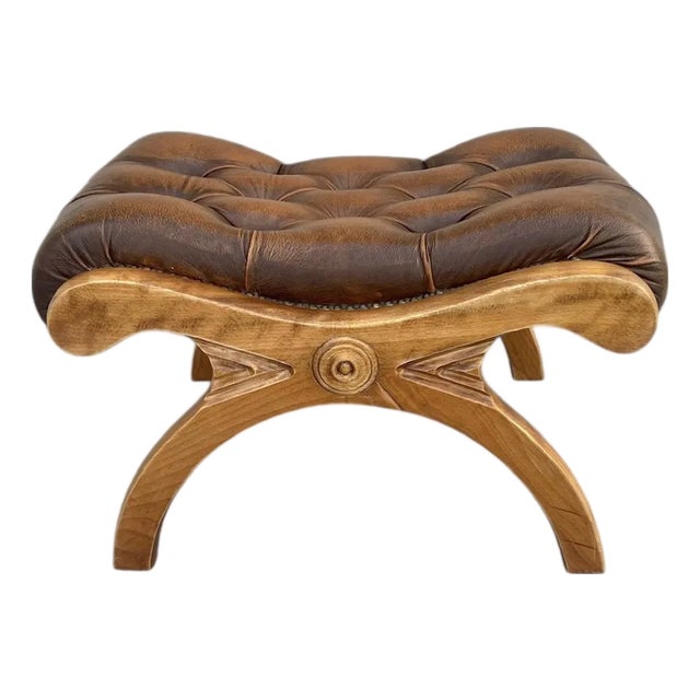 Chesterfield Ottoman in Carved Wood and Leather, 1960s For Sale