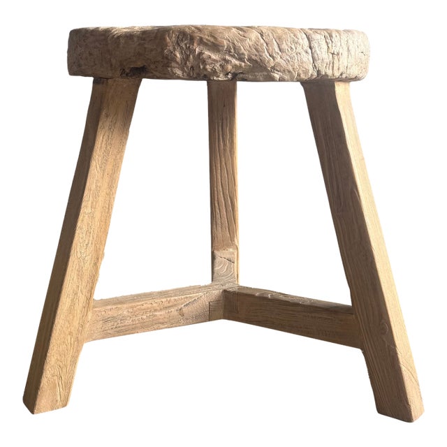 Vintage Elm Wood Wheel Side Table #4a9 For Sale