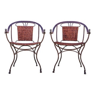 Vintage Iron and Leather Strap Horseshoe Back Curule Accent Chairs For Sale