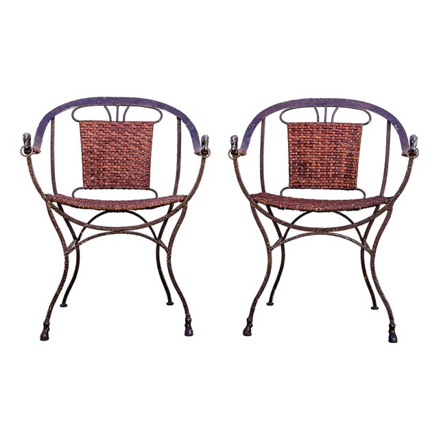 Vintage Iron and Leather Strap Horseshoe Back Curule Accent Chairs For Sale