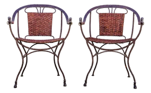 Vintage Iron and Leather Strap Horseshoe Back Curule Accent Chairs