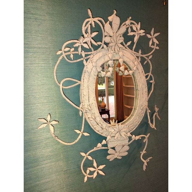 White beaded mirror from South Africa - wire beads can be bent/adjusted