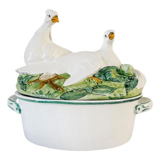 Vintage Italian Majolica Ceramic Double Dove Covered Casserole Dish Centerpiece For Sale