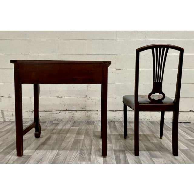Antique American Empire Mahogany Writing Desk With Lyre Back Needlepoint Chair For Sale - Image 9 of 13