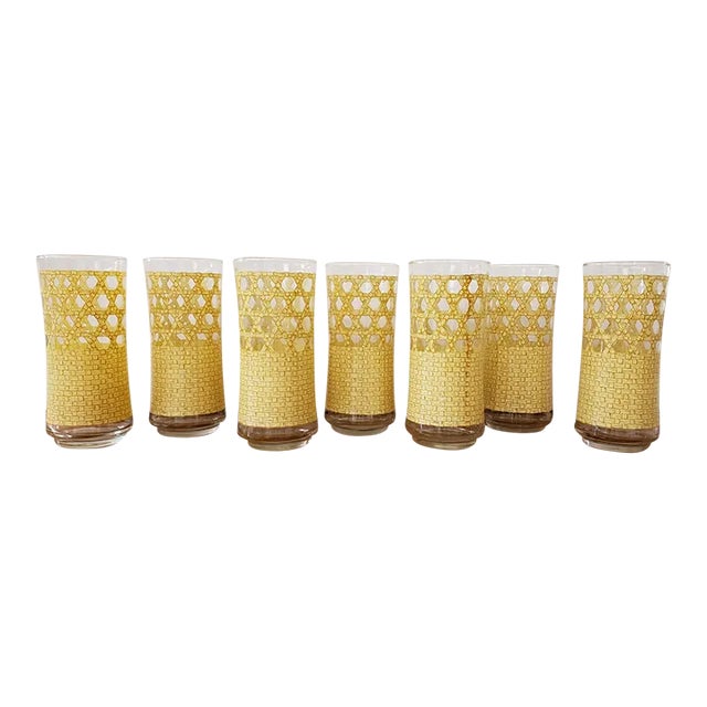 1970's Rattan Caned Pattern Glasses - Set of 7 For Sale