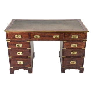 Vintage Campaign Style Mahogany and Brass Desk With Leather Top For Sale