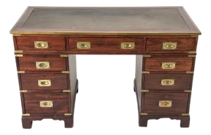 Vintage Campaign Style Mahogany and Brass Desk With Leather Top