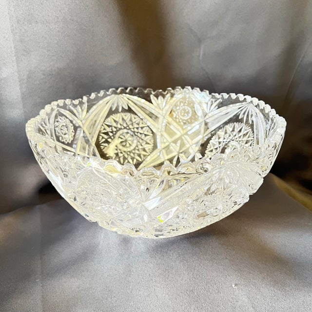 Transparent Antique American Brilliant Cut Crystal Bowl Hobstar Starburst 9” For Sale - Image 8 of 12