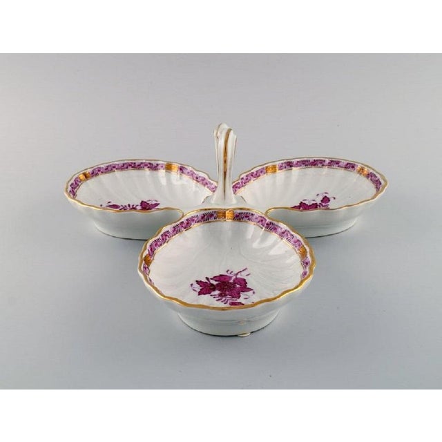 Herend Chinese Bouquet Raspberry. Three-part serving dish with handle in hand-painted porcelain. Pink flowers and gold...