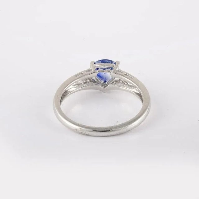 Metal Trillion Cut Sapphire Birthstone Engagement Ring With Diamonds Size 7 For Sale - Image 7 of 13