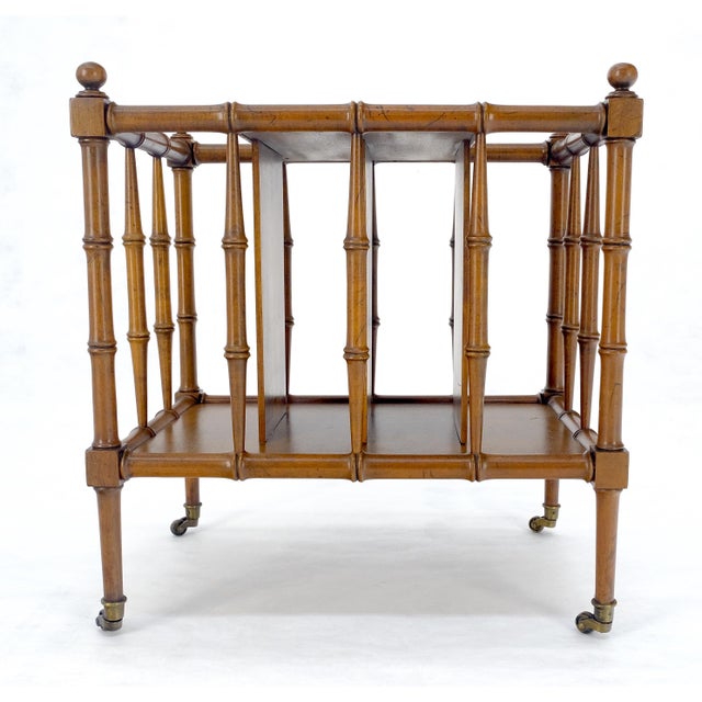 Mid 20th Century Faux Bamboo & Burl Canterbury Magazine Rack Stand Table on Brass Wheels MINT! For Sale - Image 5 of 11