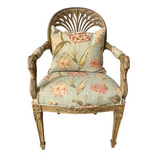 Vintage Italian Neoclassical Giltwood Bird Arm Chair With Botanical Floral Upholstery For Sale