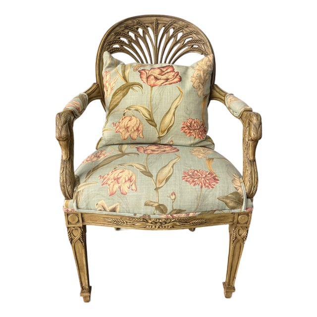 Vintage Italian Neoclassical Giltwood Bird Arm Chair With Botanical Floral Upholstery For Sale