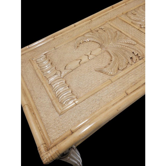 Vintage Coastal Regency Double Palm Tree Carved Wicker Bamboo Desk Dining Table For Sale - Image 9 of 9