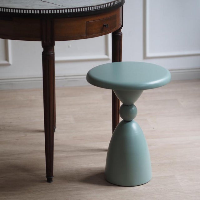 Round Sage Green Side Table with Baluster Detailing Metal For Sale - Image 4 of 5