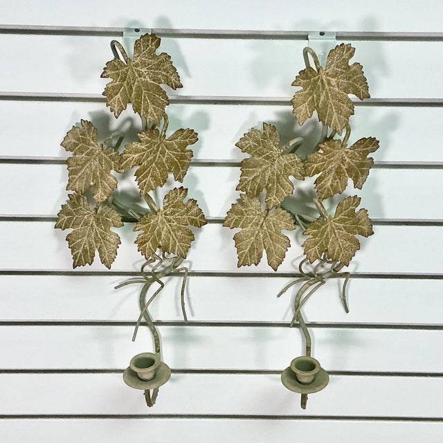 1950s Vintage Italian Rustic European Tole Leaf Candle Sconces - A Pair. For Sale - Image 10 of 13