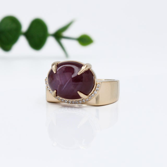 Metal 7.3ct Star Ruby Ring W Natural Diamond Accents in Solid 14k Gold | Ov 10.5x9.6mm, Size 6.75 For Sale - Image 7 of 10