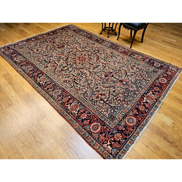 Vintage Persian Heriz Serapi Rug, Hand-Knotted Wool, Allover Geometric Pattern, Ivory & Red, 7x10 For Sale In Chicago - Image 6 of 18