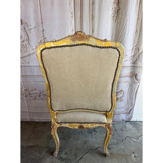 Wood Set of 14 French Louis XV Style Distressed Dining Chairs With Linen For Sale - Image 7 of 17