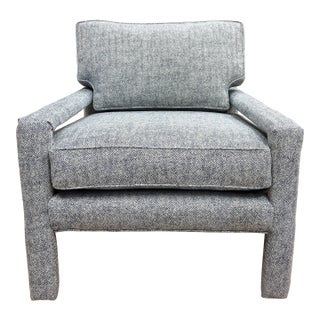 Newly Upholstered Vintage MCM Parsons Chair in Blue Tweed For Sale