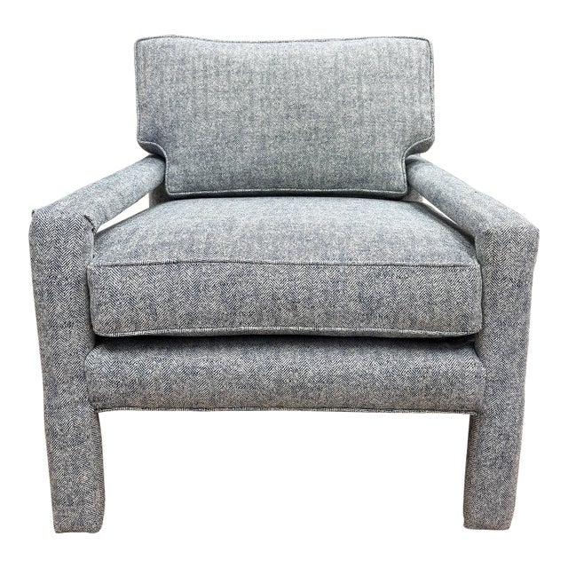 Newly Upholstered Vintage MCM Parsons Chair in Blue Tweed For Sale