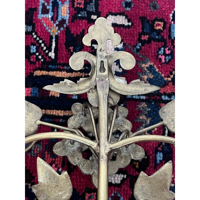 Pair of Hollywood Regency Style Brass and Metal Wall Sconce, Candlestick Holder, Vine Leaves Design, Candelabra For Sale - Image 12 of 12