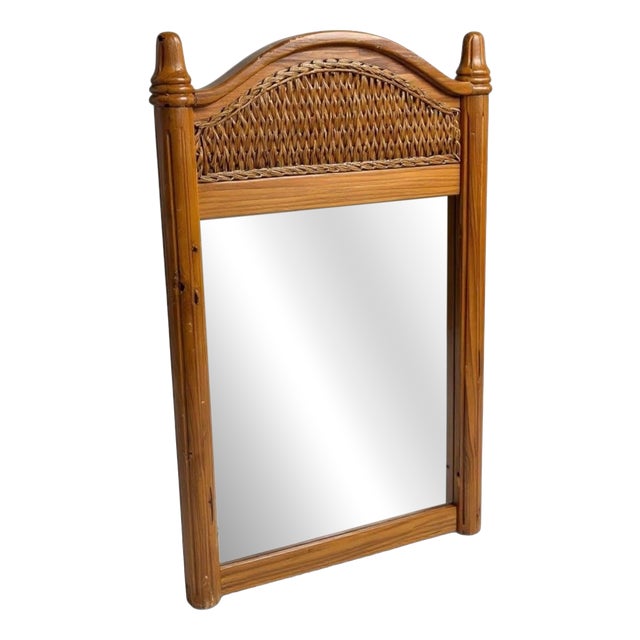 Large Antique English Rustic Pine Farmhouse Wall Mirror with Arched Wicker Panel For Sale