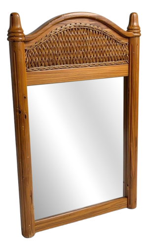 Large Antique English Rustic Pine Farmhouse Wall Mirror with Arched Wicker Panel