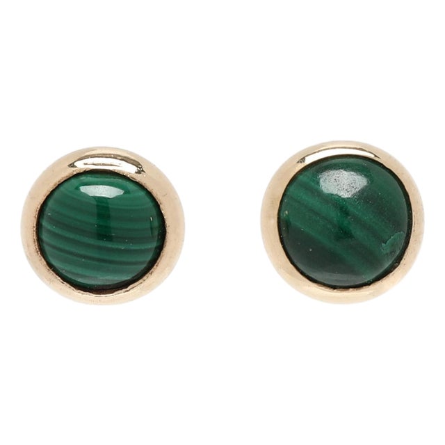 Malachite Bezel Studs, 14k Yellow Gold, Length 5 Mm, Dainty For Sale