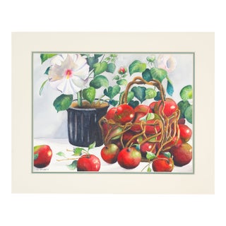 Still Life of Potted Flower and Basket of Apples - Tomoko Parry, C. 1990s For Sale