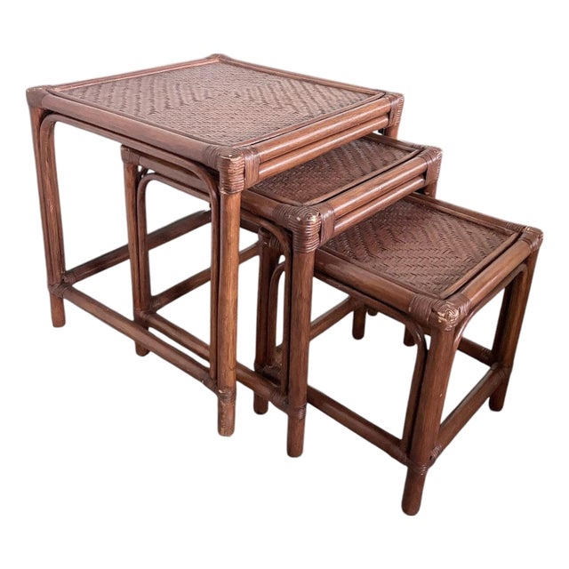 Vintage Nesting Tables in Bamboo and Rattan, 1970s, Set of 3 For Sale