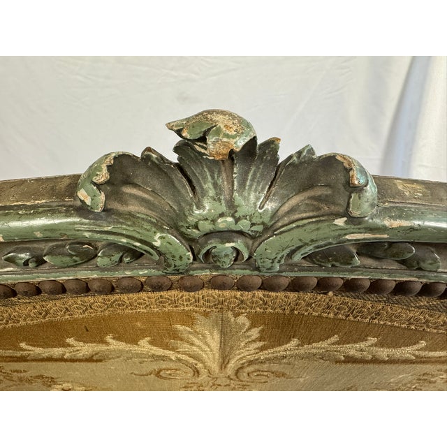 Antique French Louis XV Style Painted Firescreen | Aubusson-Style Tapestry Panel | Sage Green Cabriole Legs | 37in For Sale - Image 18 of 18