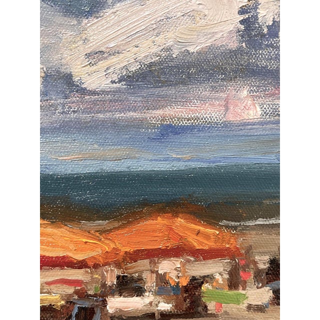 Beaches 9 by Jim Beckner | Oil on canvas board Beach scene with orange umbrellas and people. For Sale - Image 4 of 4
